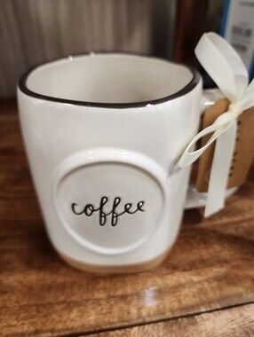 Rae Dunn White Ceramic Coffee Mug with Brown Trim